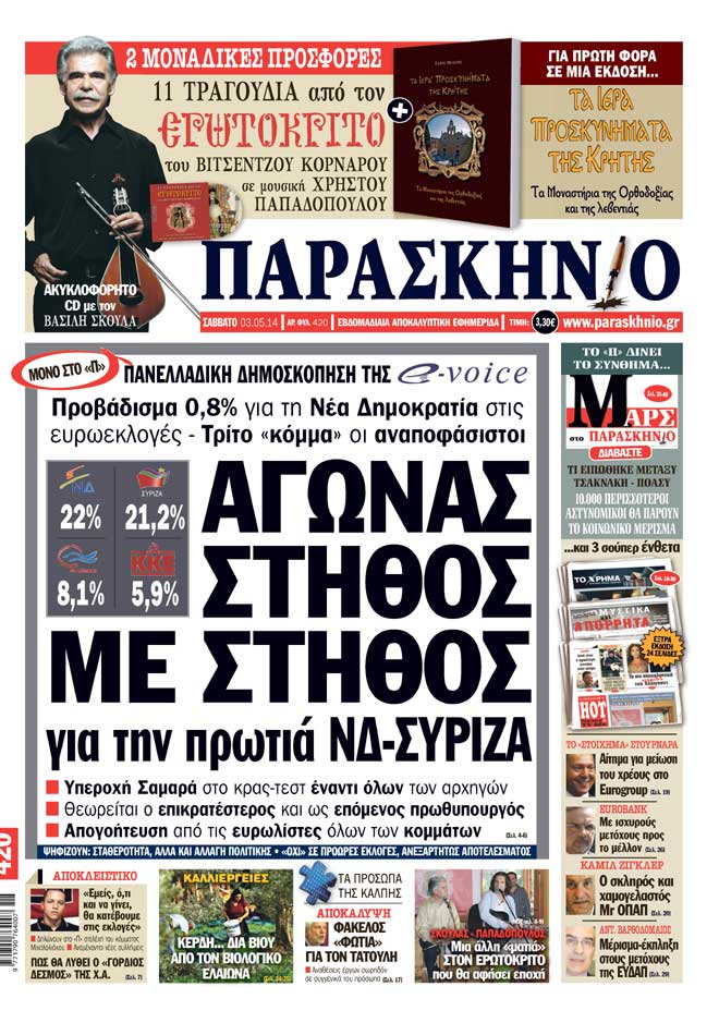 Πρωτοσέλιδο εφημερίδας Παρασκήνιο 03 Μαΐου 2014